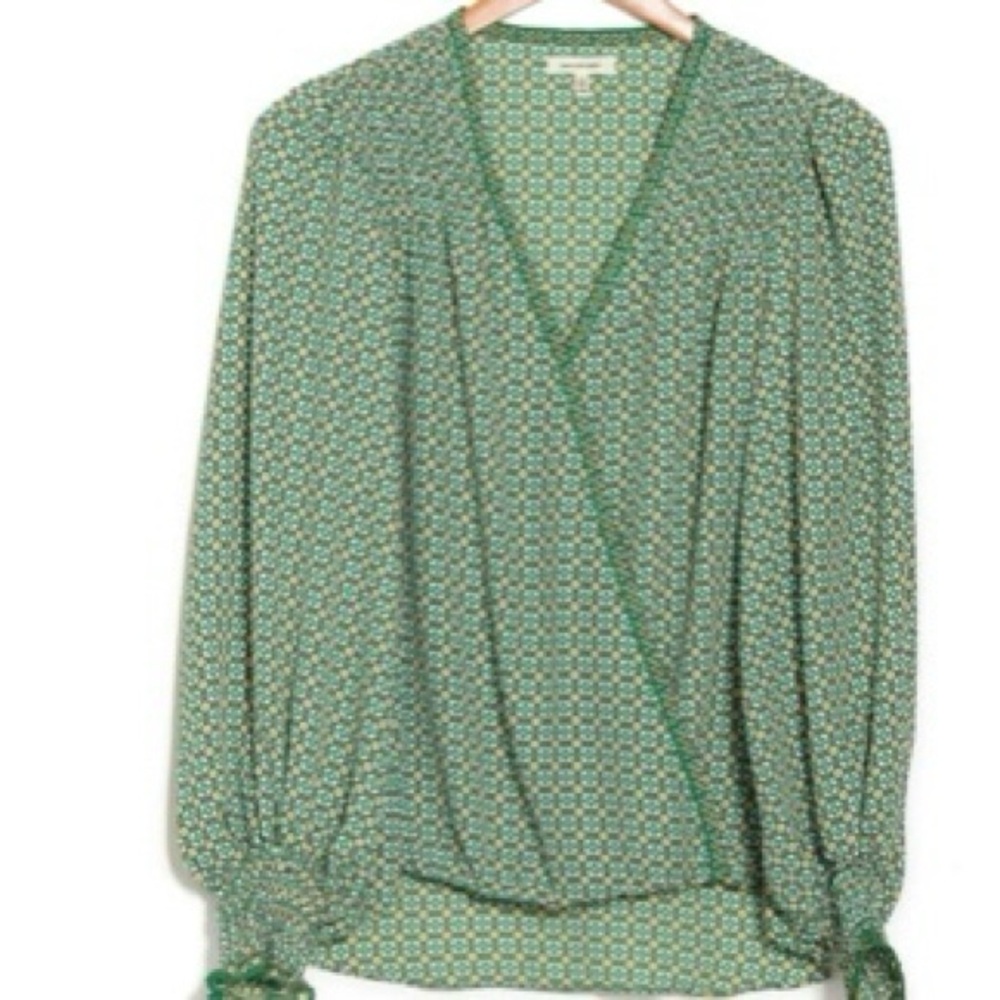 Max Studio Green Wrap Blouse with Billowy Sleeves